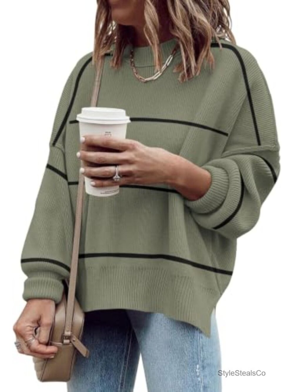 Oversized Viscose Nylon Sweater Batwing Sleeve Crewneck Tunic Pullover